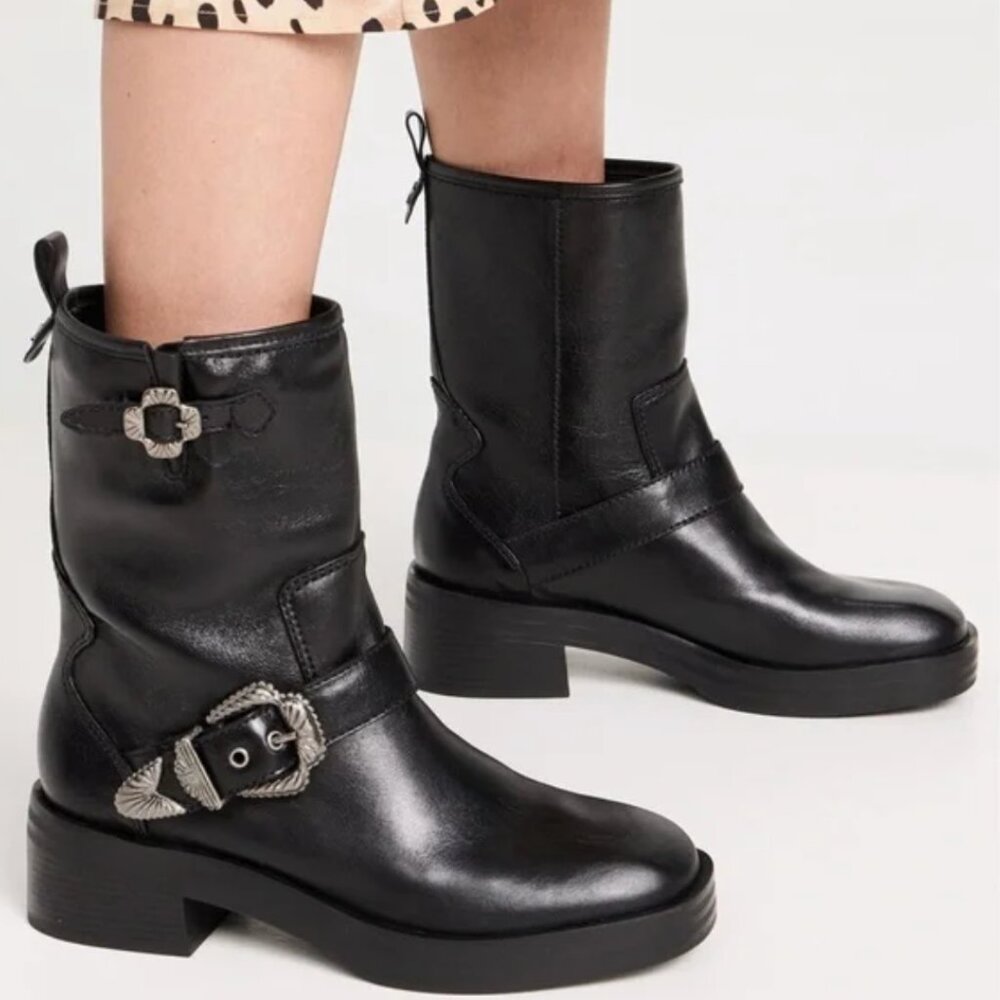 Larroude‎ Hardy Boot Western Buckle Moto Black Leather Women's Size 8